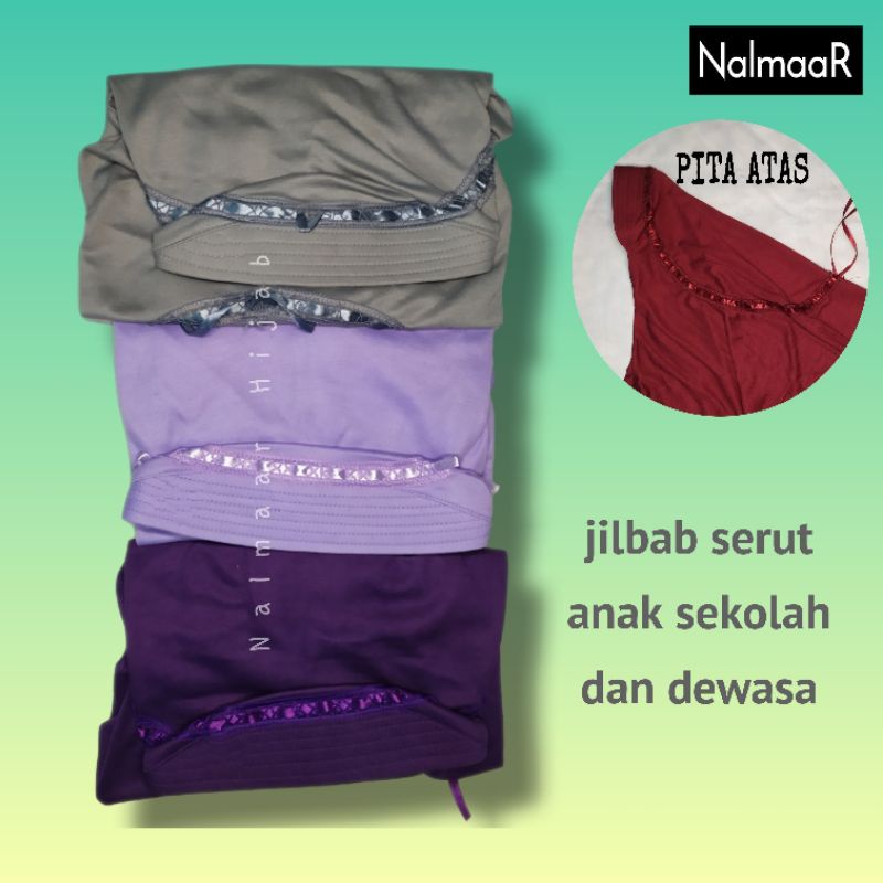 nalmaar hijab instan serut anak sekolah sd smp sma dan dewasa grey ungu muda ungu tua pita atas
