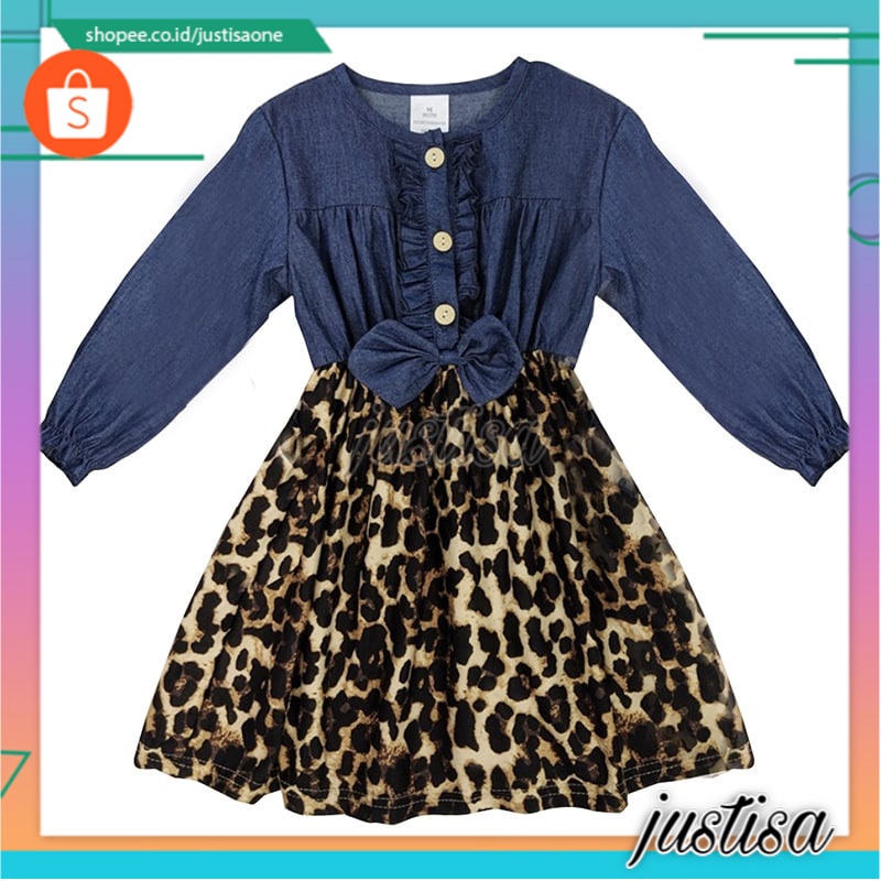 Promo !! Dress anak perempuan / dress denim leopard color import ukuran 3tahun