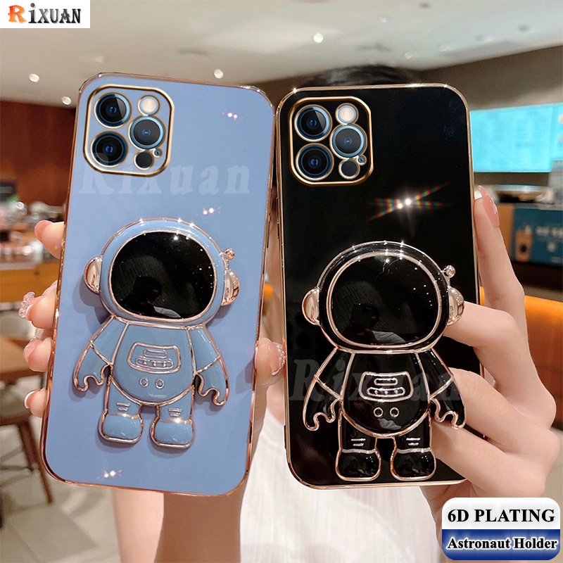 Casing Soft Case Karet Motif Astronot + Stand Holder Lipat Untuk iPhone 13 Pro Max / 12 Pro / 11 / XR / Xs Max