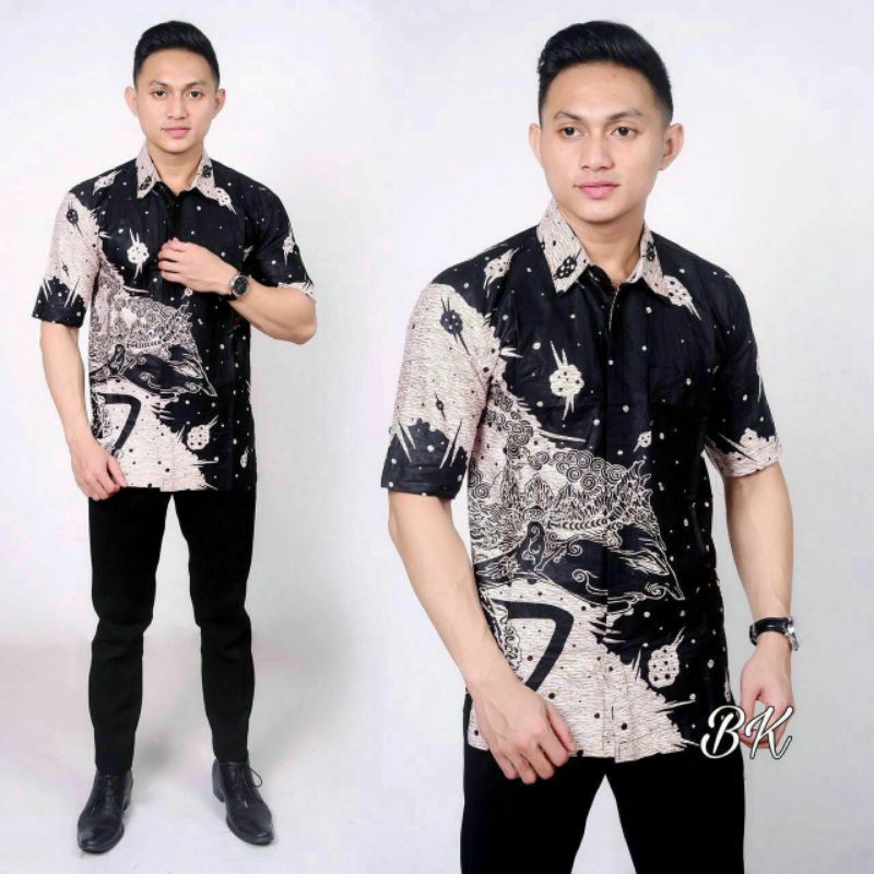 Batik Pria Lengan Pendek HRB026 Kenongo Hem Padi Pekalongan M L XL Batik Pria MURAH Modern Grosir