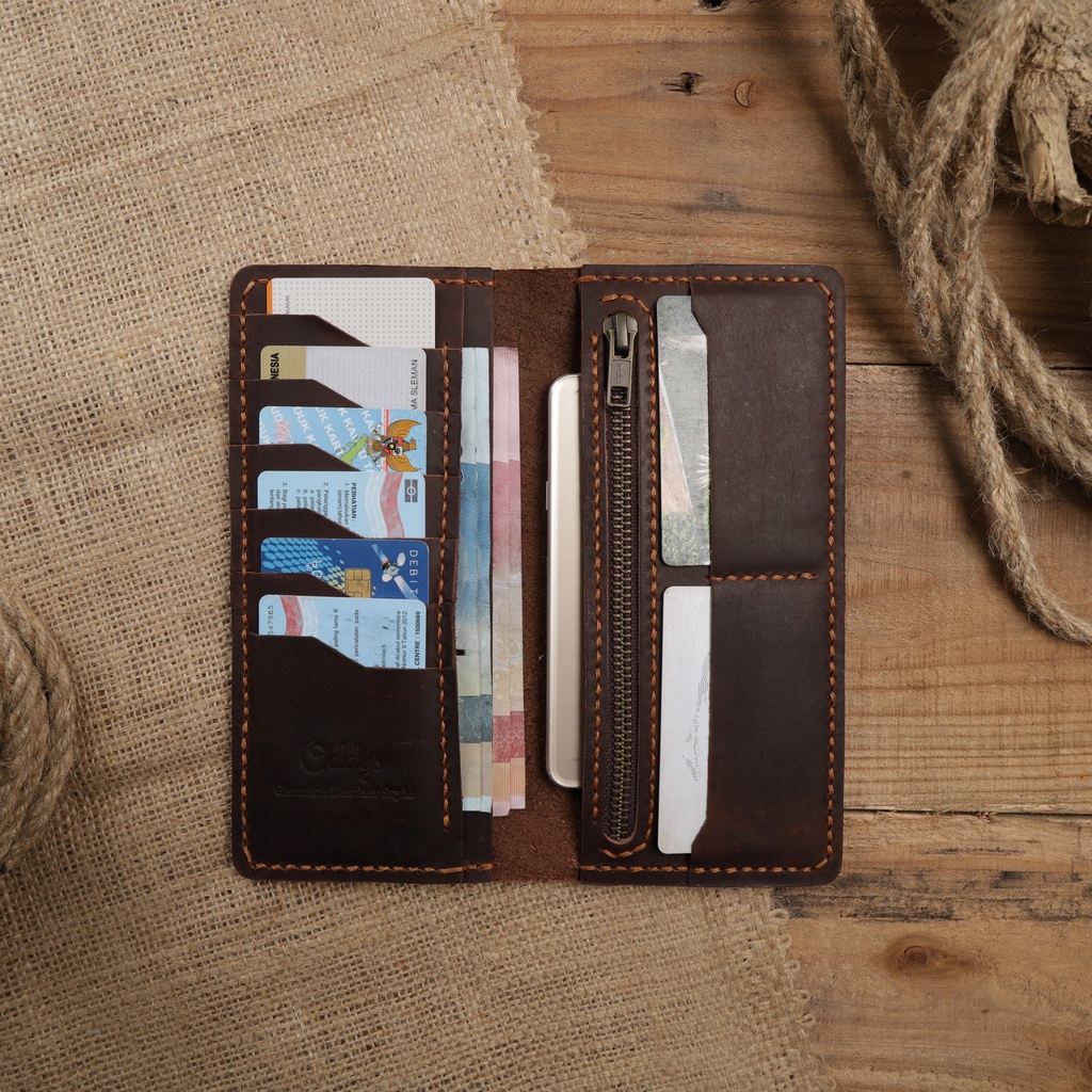 Dompet Panjang Kulit Asli Crazy Horse Seri AERON Dark Brown - Leather Phone Wallet