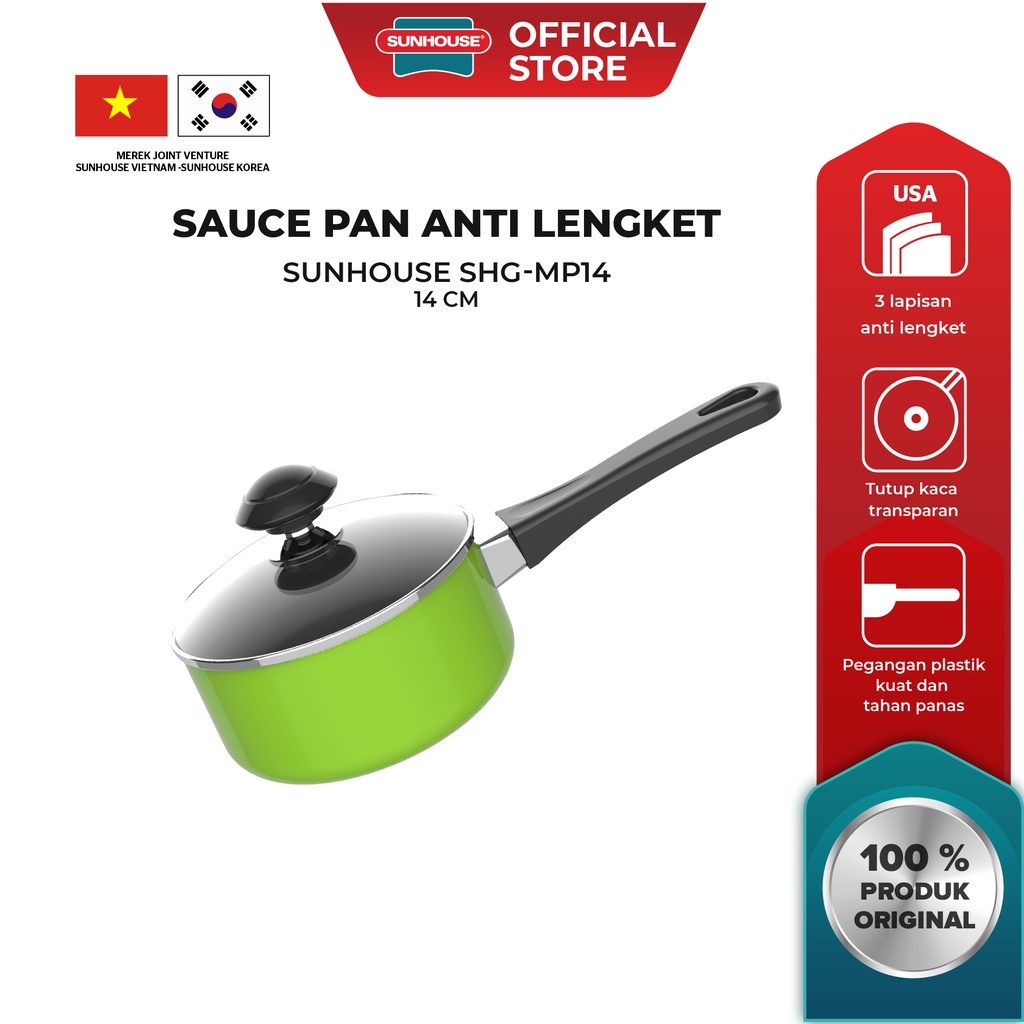 Sunhouse panci saucepan+ tutup kaca anti lengket hijau 14cm (shg-mp14) 1pcs