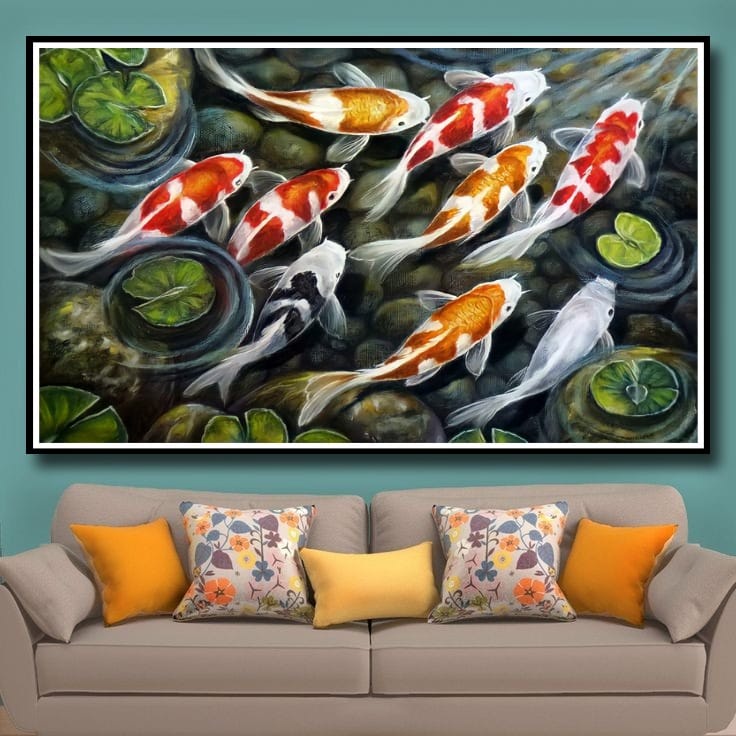 Lukisan Poster Ikan Koi hoki Fengshui 9 Jumbo 3 dimensi Xtra Besar Ukuran 70x50 cm 100x70cm 150x100c