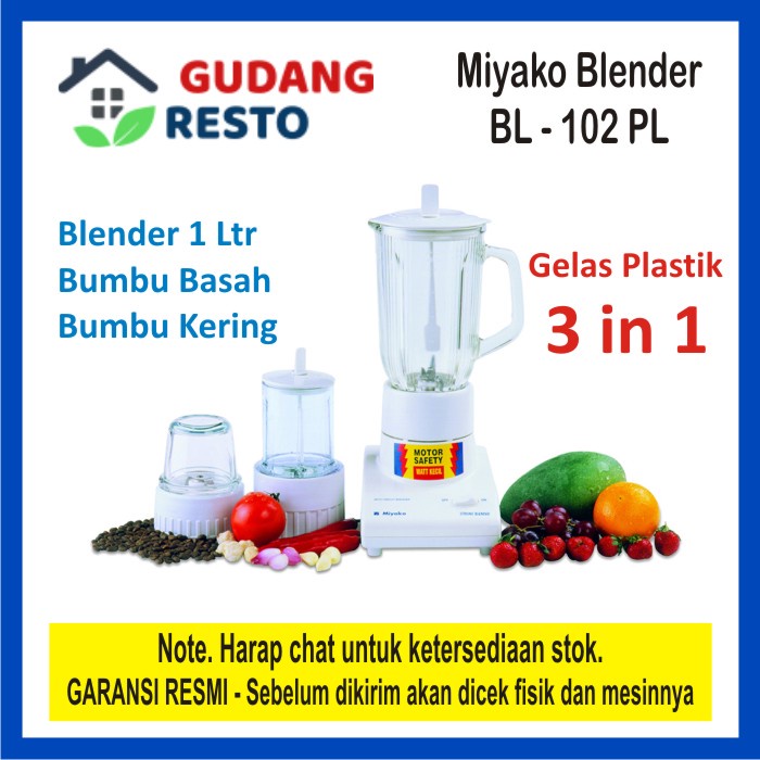 Blender Miyako BL 102 PL / 102PL / BL-102 PL Gelas / Jar / Goblet Plastik 3 in 1 Kapasitas 1 Ltr / Liter