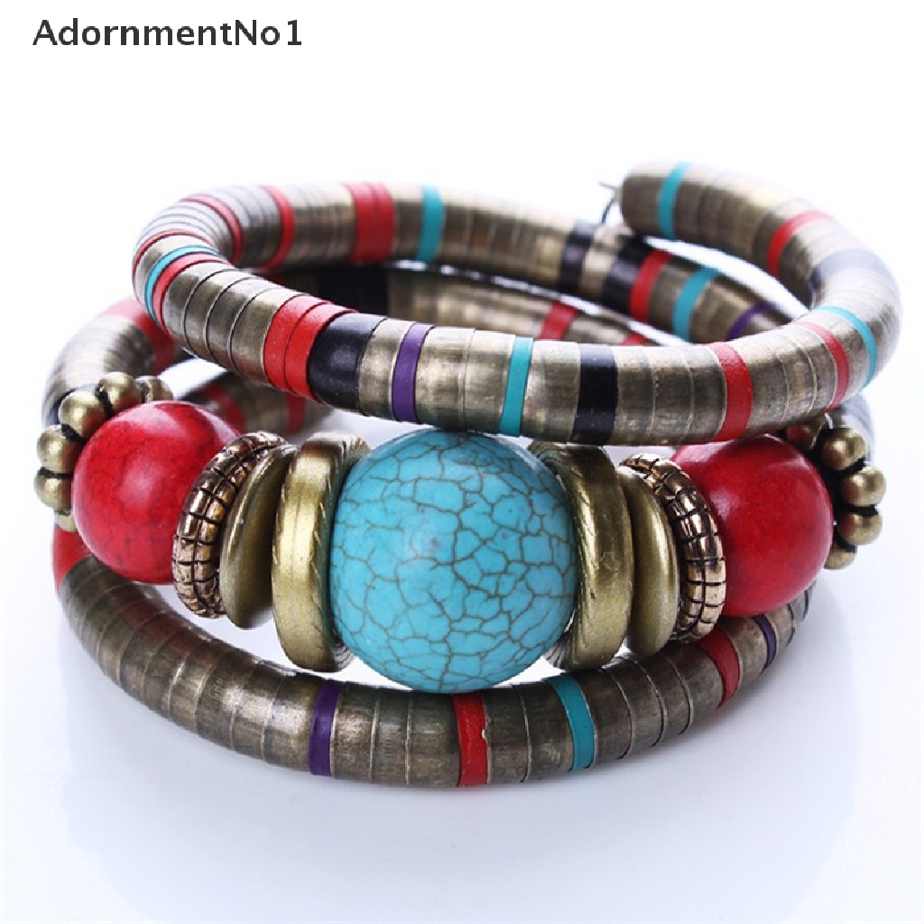 (AdornmentNo1) Gelang Bangle Silver Hias Manik-Manik Turquoise Imitasi Gaya Boho Untuk Wanita