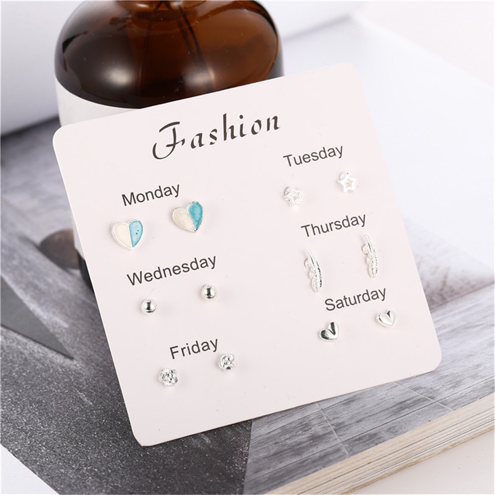 6 Pasang Anting Stud Desain Snowflake Hati Bintang Daun Permata Tiruan Untuk Wanita