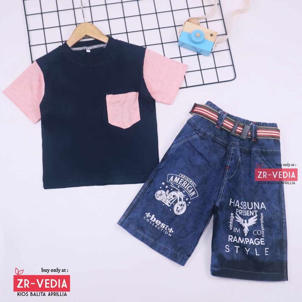 Setelan John Ethes uk 3-4 Tahun /  One Set Lengan Pendek Anak Laki-Laki Celana Jeans Kantong Baju Oblong