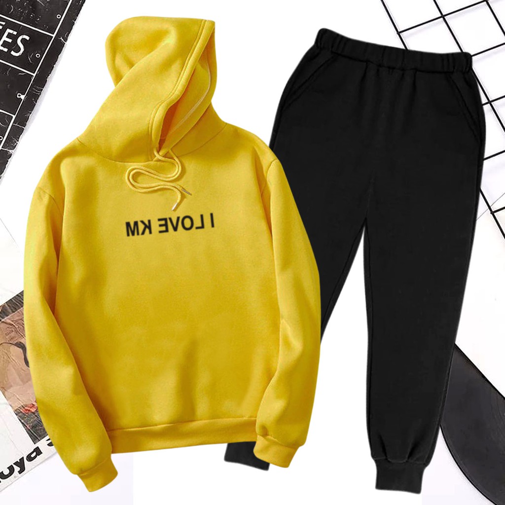 BESS - Baju Setelan Wanita Murah / Setelan Hoodie + Jogger Hitam - I LOVE KM