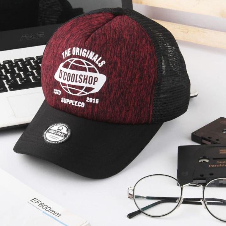 ➩ D'COOL SHOP | Topi Jaring Distro Pria Original / Trucker Hat Maroon Black ☇