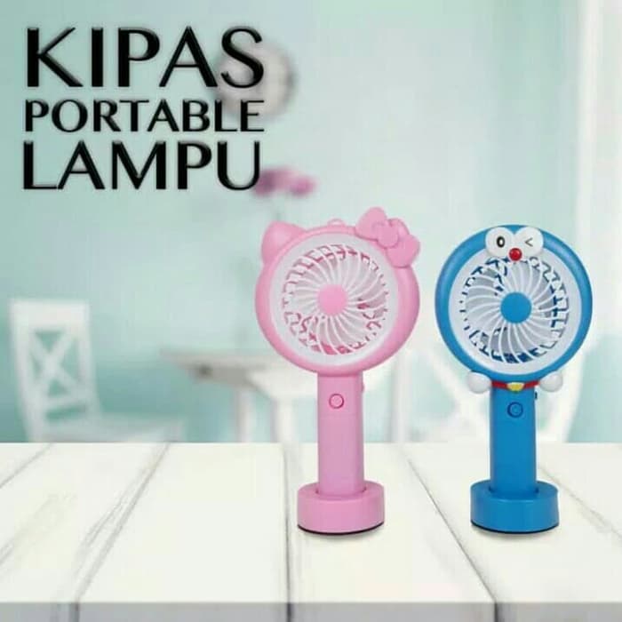 Mini Fan Kipas Angin Karakter Lampu LED Portable Rechargeable Kitty Doraemon