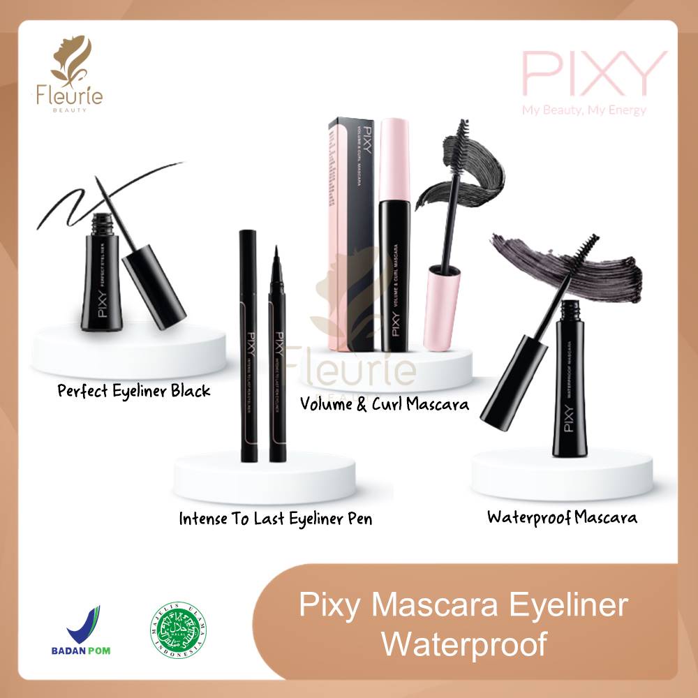 Pixy Mascara Eyeliner Waterproof - Perfect Eyeliner / Intense To Last Eyeliner / Volume &amp; Curl Mascara Black Halal Original BPOM