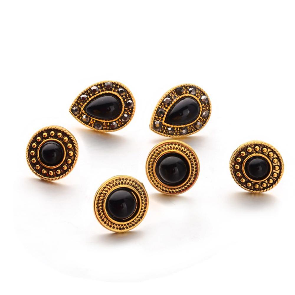 Timekey 5 Pasang / set Anting Tusuk Vintage Bentuk Bunga / Tetesan Air Hias Kristal Hitam Untuk Wanita A9K1