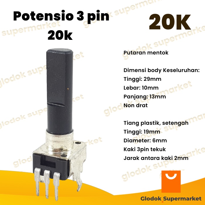 Potensio 3 pin 20k Mono Kaki 3 Tekuk Segi Hitam 203