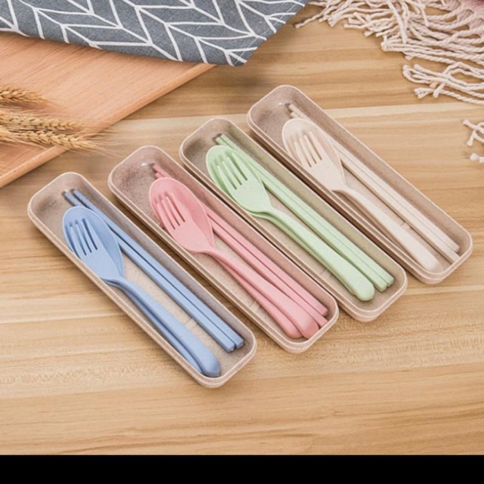 SENDOK JERAMI GARPU SUMPIT SET ALAT MAKAN WHEAT STRAW TRAVEL CUTLERY PERLENGKAPAN FOOD PORTABLE HOME