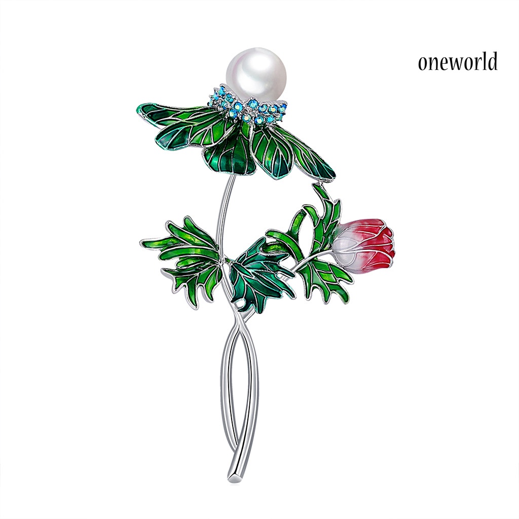 OW@ Simple Rose Flower Leaf Faux Pearl Rhinestone Brooch Pin Lapel Jewelry Accessory