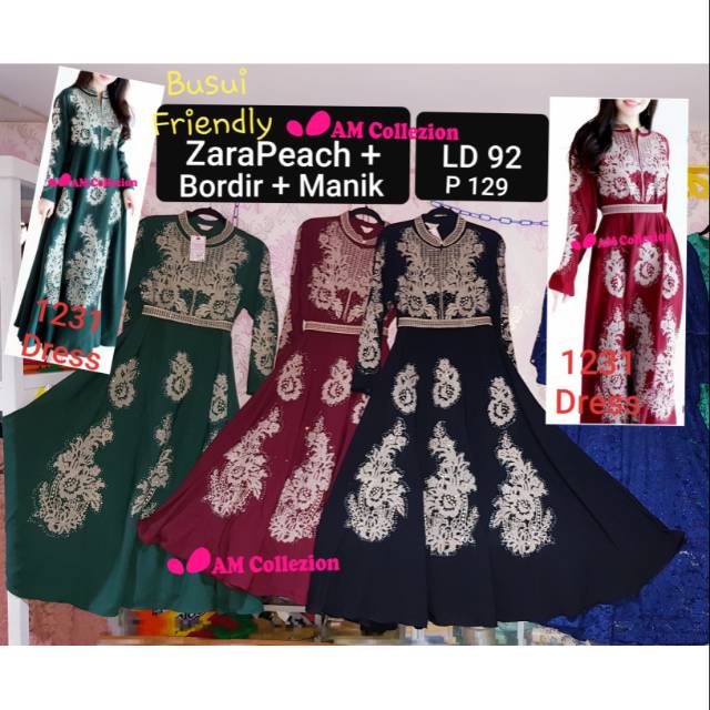 1231 Dress Gamis Pesta gaun muslim elegan mewah glamour blink bling zora peach bordir busui manik