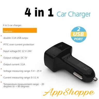 4 in 1 USB Car Charger, Ampere Meter, Voltmeter dan Suhu / Temperatur