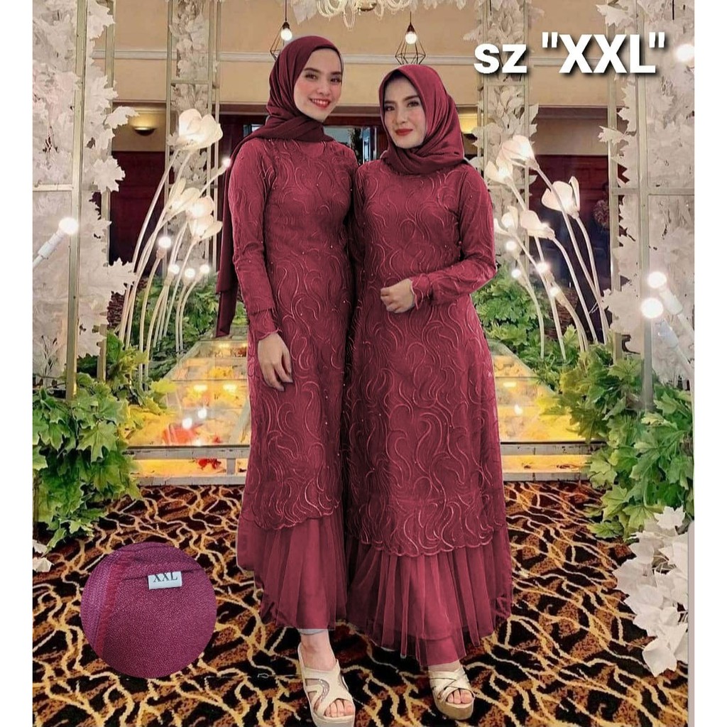 GAMIS GERALDINE BAHAN TILE RUBY MUTIARA / GAMIS BRUKAT TILE / SIZE  L XL XXL JUMBO / GAMIS PESTA