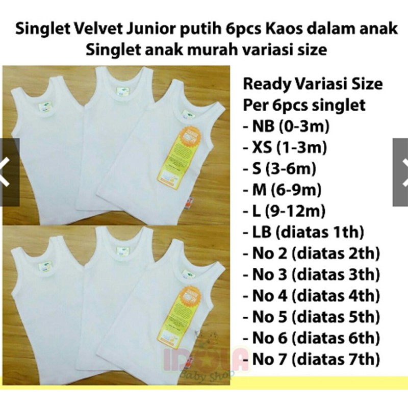 Singlet Velvet Junior putih 6pcs Singlet kaos dalam anak berbagai ukuran