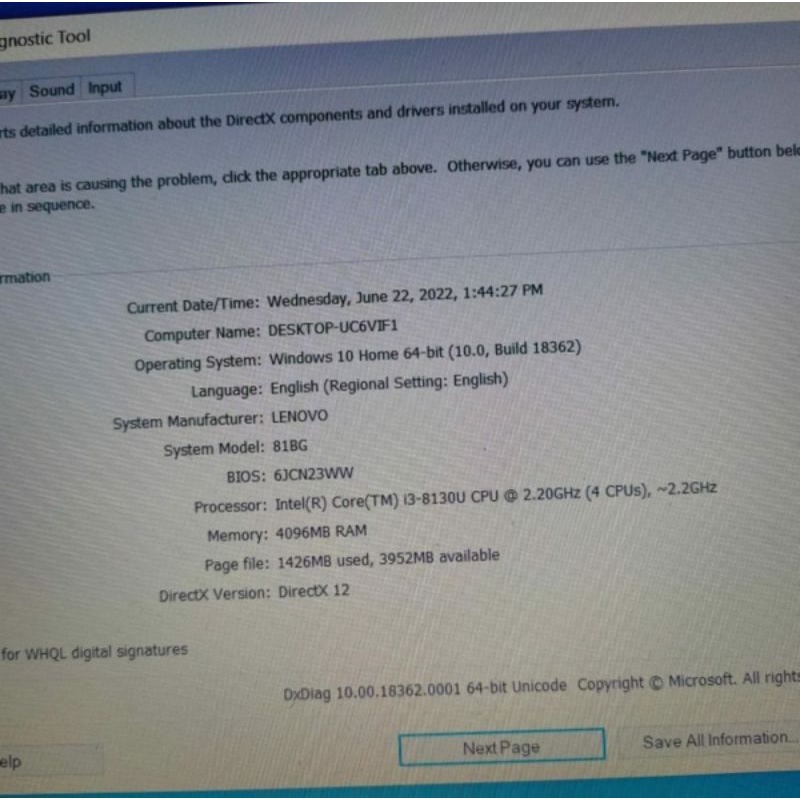 Laptop Lenovo ideapad 320 core i3 8130u