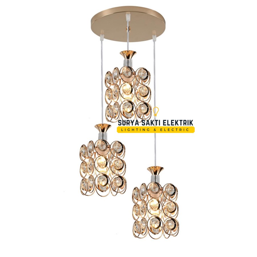 LAMPU GANTUNG KRISTAL KOTAK GOLD MEWAH MODERN MINIMALIS 3 IN 1 HIAS RUANG TAMU
