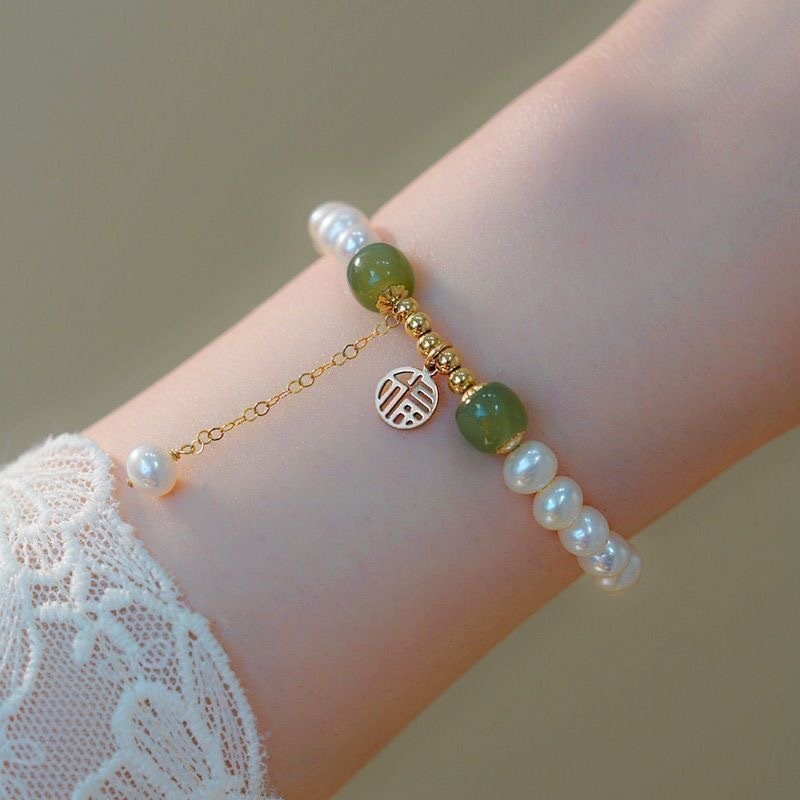 Papaozhu Vintage Berkah Permata Peach Mutiara Manik-Manik Gelang Untuk Wanita Gadis Klasik Kelinci Bulan Keberuntungan Gelang Pergelangan Tangan Rantai Pesta Pernikahan Perhiasan Hadiah