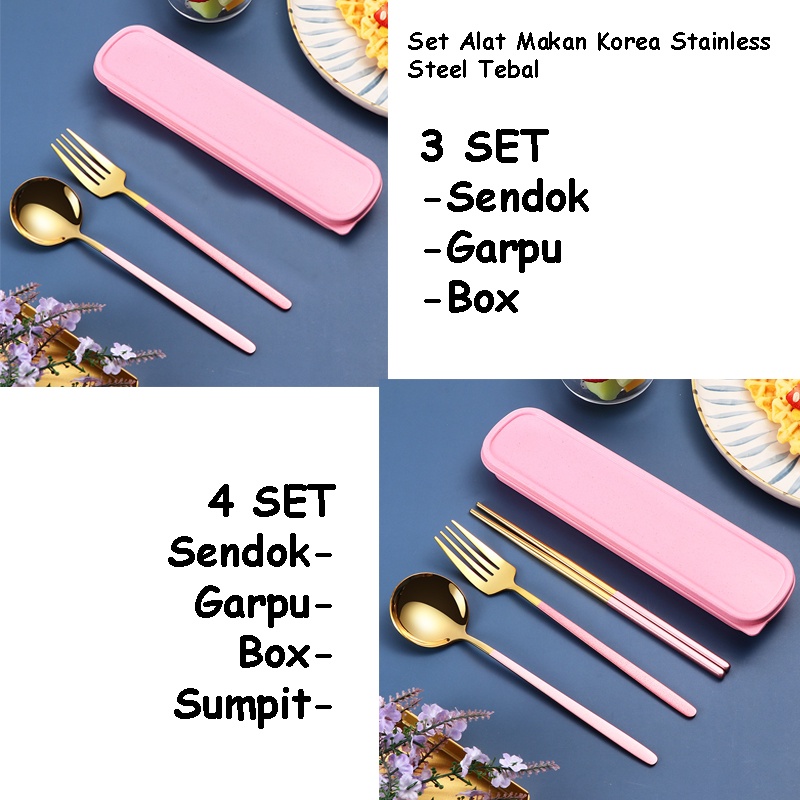 Set Alat Makan Korea Stainless Steel Tebal Sendok Korea Set Gold Sendok Garpu Sumpit Makan Korea