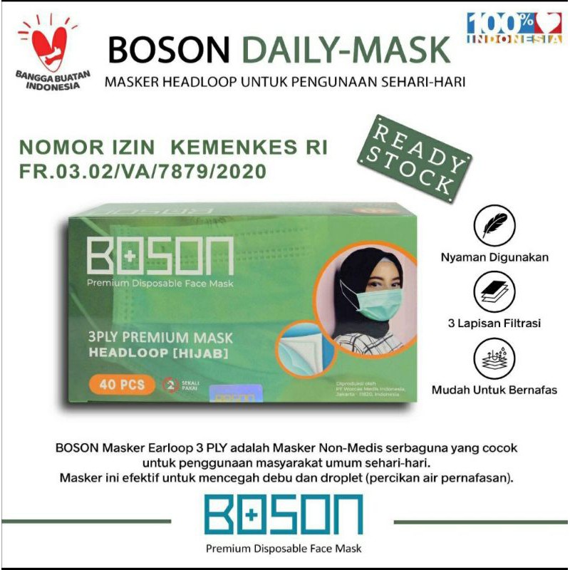 BOSON MASKER 3 PLY HEADLOOP (HIJAB) PREMIUM DISPOSABLE FACE MASK