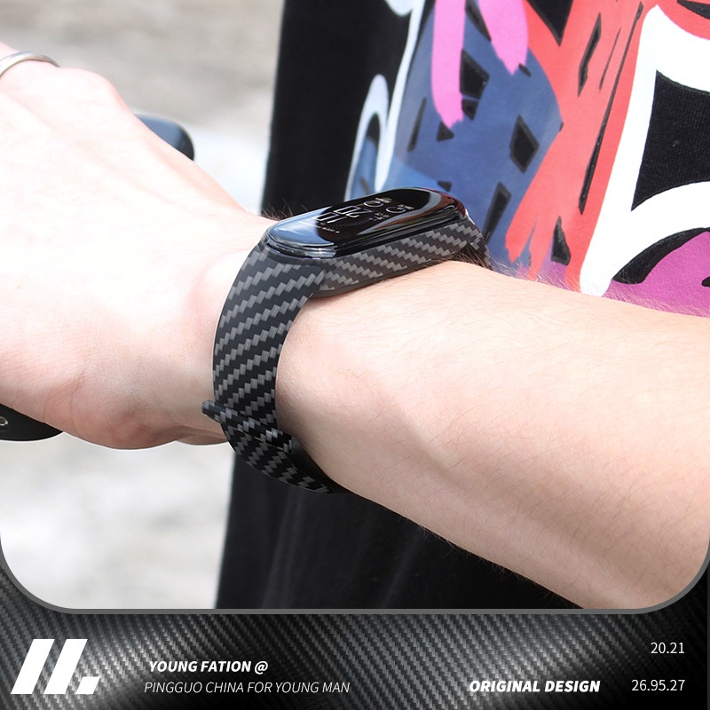 Tali pola serat karbon Mi Band 3 4 5 6 Silikon  Tali Jam Pengganti