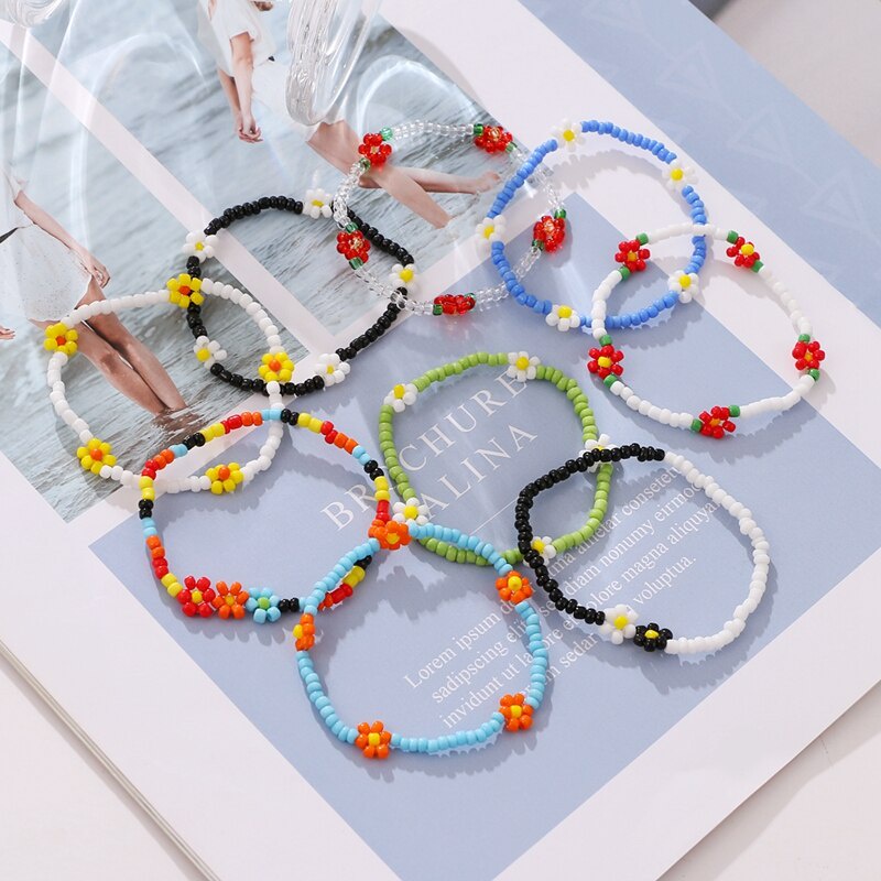 Colored Bead Anklets for Women Dasiy Flower Anklet Summer Ocean Beach Ankle Bracelet Foot Leg Chain Jewelry