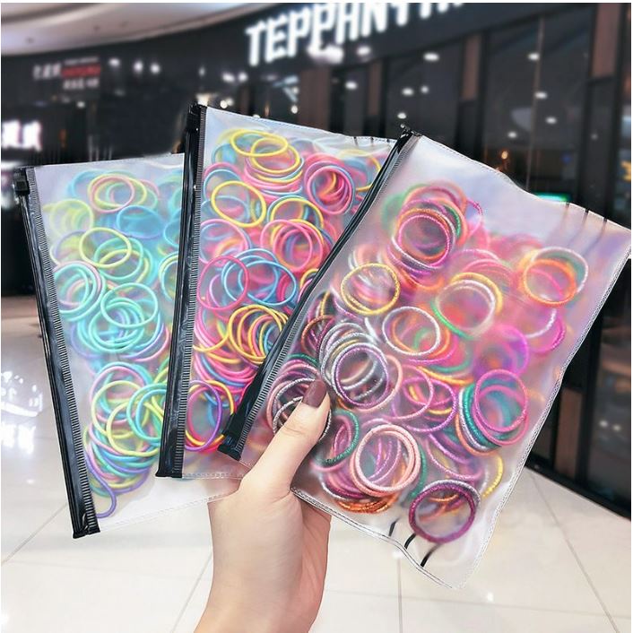 Karet Rambut KOREA BESAR POUCH 100 Pcs Ikat Rambut Polos Gel Elastis Gaya Wanita