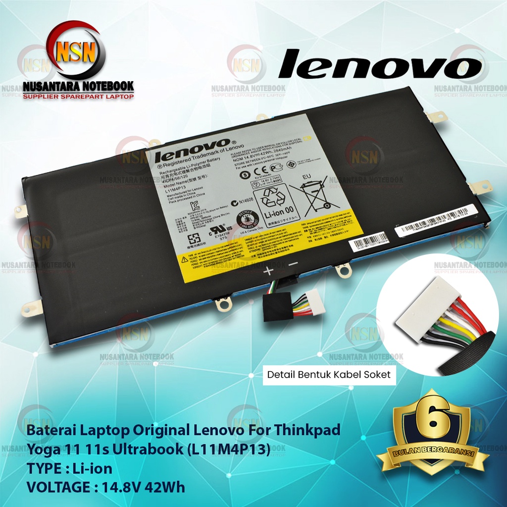 Baterai Original Laptop Lenovo Thinkpad Battery Yoga 11 11s Ultrabook 2840mAh L11M4P13