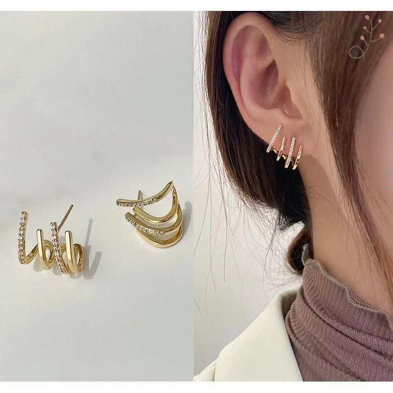 IFYOU Anting Stud Berlian Multilayer Warna Emas Gaya Korea Untuk Wanita