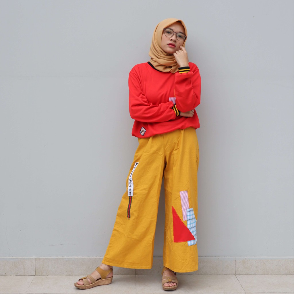 Setelan Wanita Baju  merah  dan kulot kuning  Shopee Indonesia
