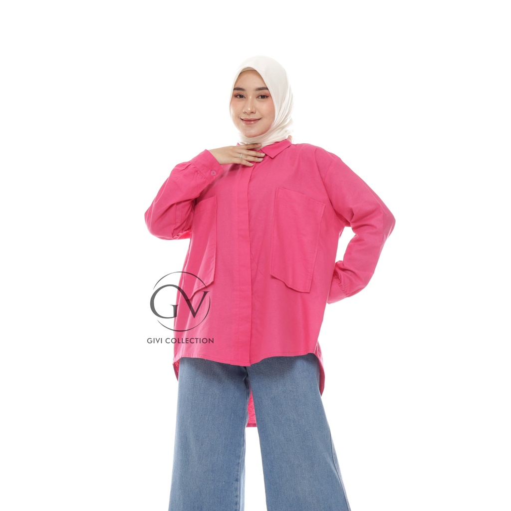 lydia blouse | kemeja wanita oversize linen rami | shirt wanita oversize | atasan wanita terbaru | kemeja pocket