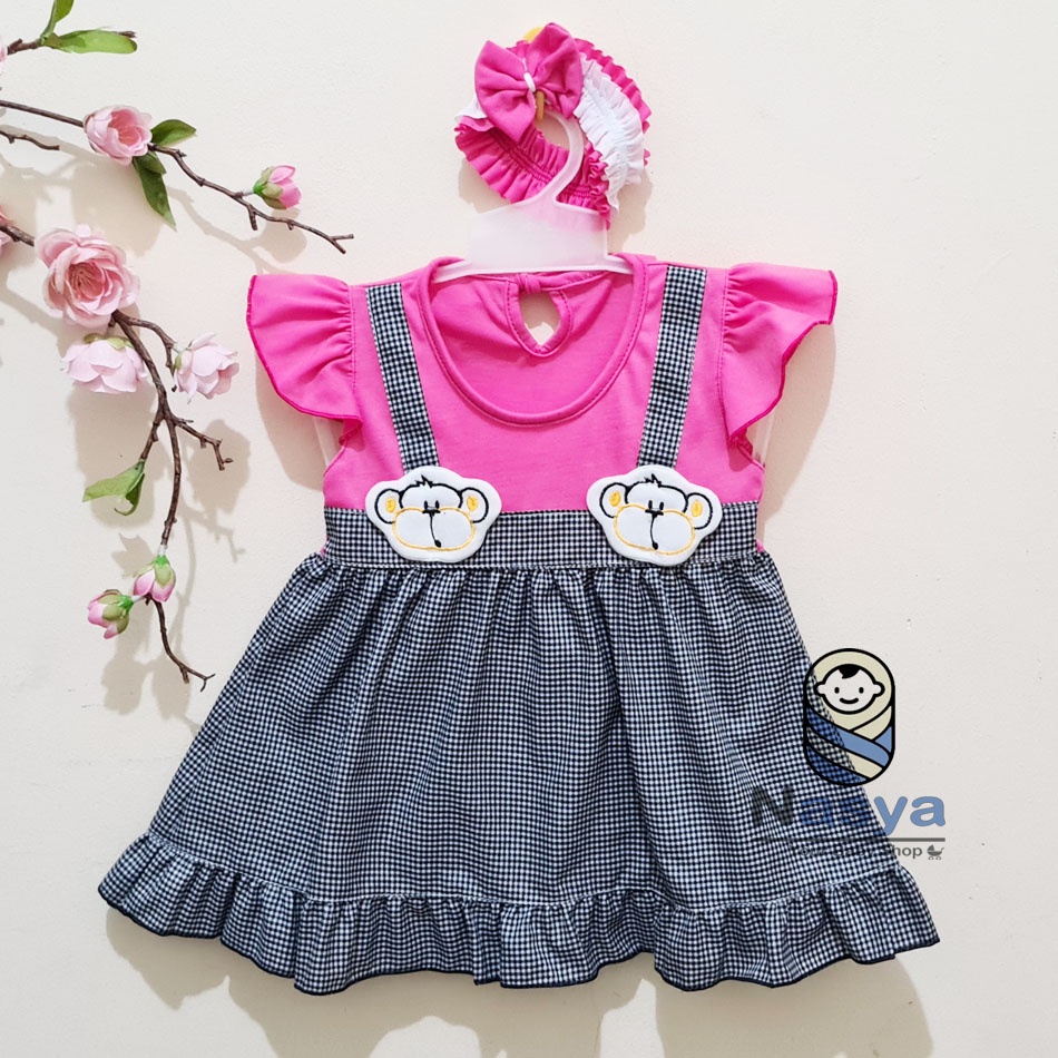 [P-015] Baju Bayi Model Dress MURAH baby girl (0-6 bulan) + Bandana-Monyet pink hitam