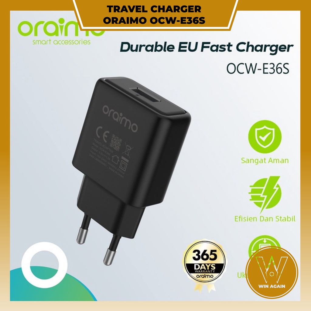 TRAVEL Charger Oraimo Compact OCW-E36S Fast Charging dengan Kabel Micro USB Iphone / Android