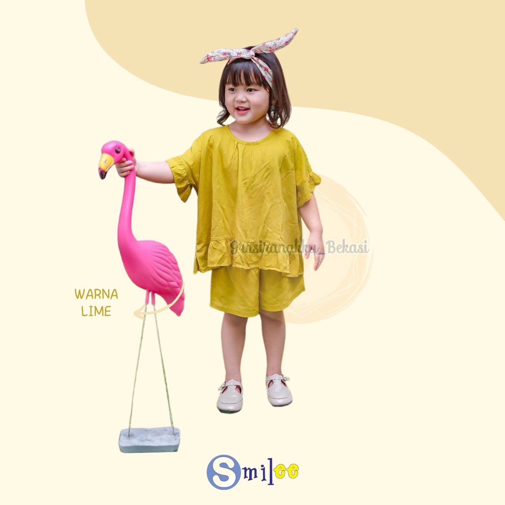 Setelan Anak Rayon Pendek Smilee Polos Freya Warna Kuning Lime Size 1-5Tahun