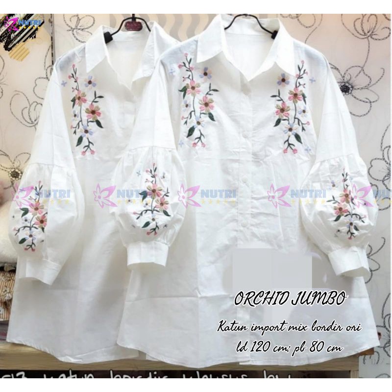 Orchid Kemeja Tunik Balon White Putih Polos Katun Import Bordir Bunga Ld 120 Jumbo Fit XXXL By Nutri