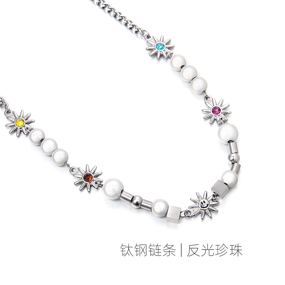 Colorful Sun Smiley Necklace Accessories Reflective Pearl Clavicle Chain Hip Hop Personality Trend