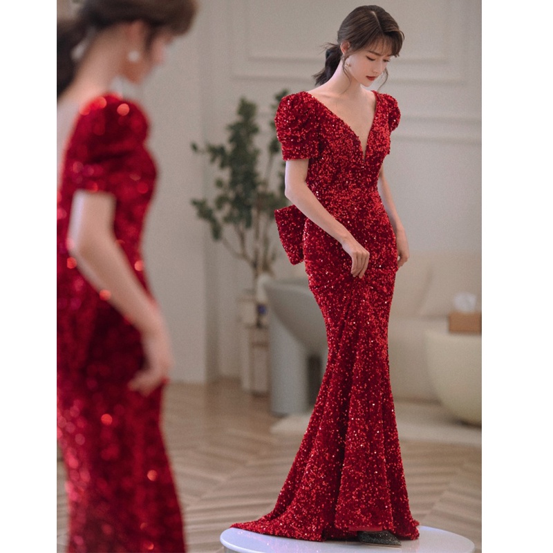 Gaun malam gaun pengantin gaun malam pengantin berpayet merah berpayet tinggi