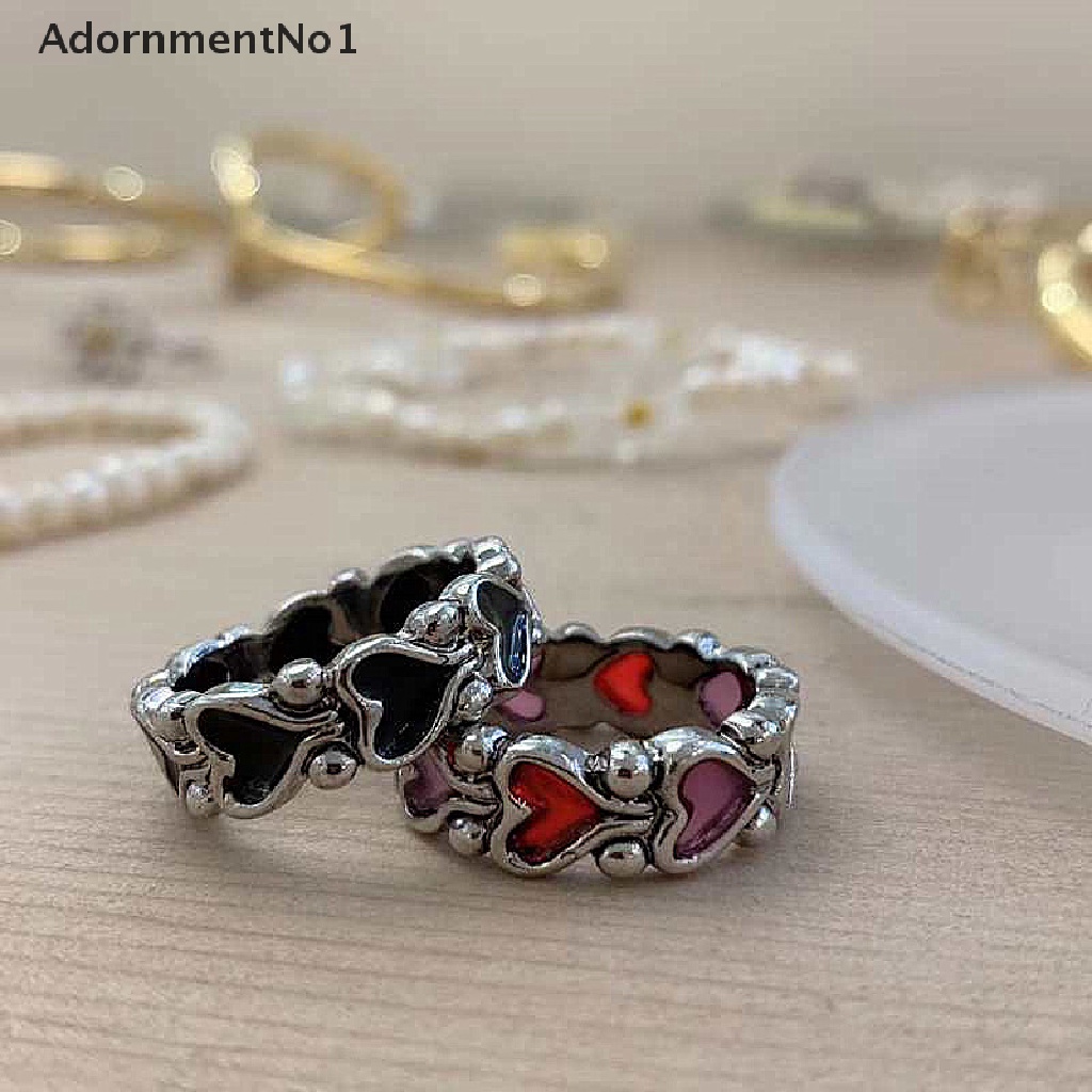 (AdornmentNo1) Cincin Rantai Gaya Punk Kuno Motif Hati Merah + Hitam Untuk Perhiasan Wanita