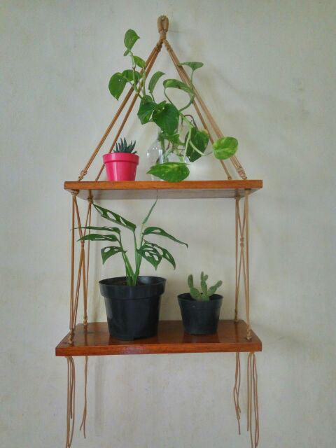 Rak Dinding Gantung Minimalis 2 Susun Natural Tali Coklat