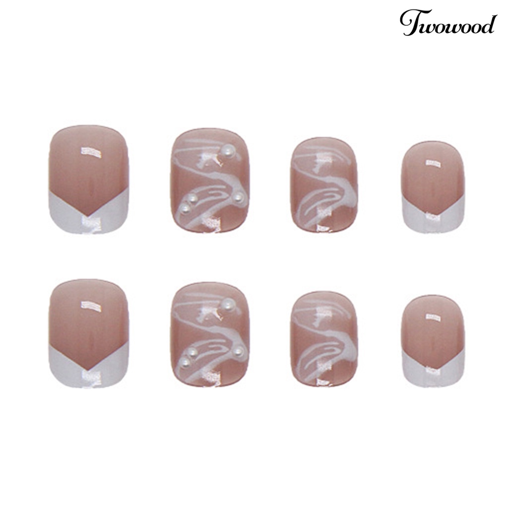 Twowood 24Pcs / Kotak Kuku Palsu Pendek Bahan ABS Warna Pink Aksen Mutiara Untuk Kencan