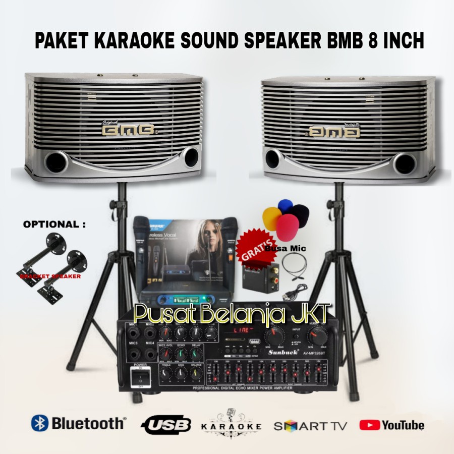 PAKET KARAOKE SOUND SYSTEM BMB SPEAKER 8 INCH AMPLI USB BLUETOOTH MIC WIRELESS ORIGINAL ( BW-3 )