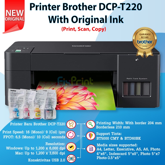 Printer Brother DCP-T220 DCP T220 T420W T520W T720DW Tinta BTD60Bk Black BT5000 Color CMY