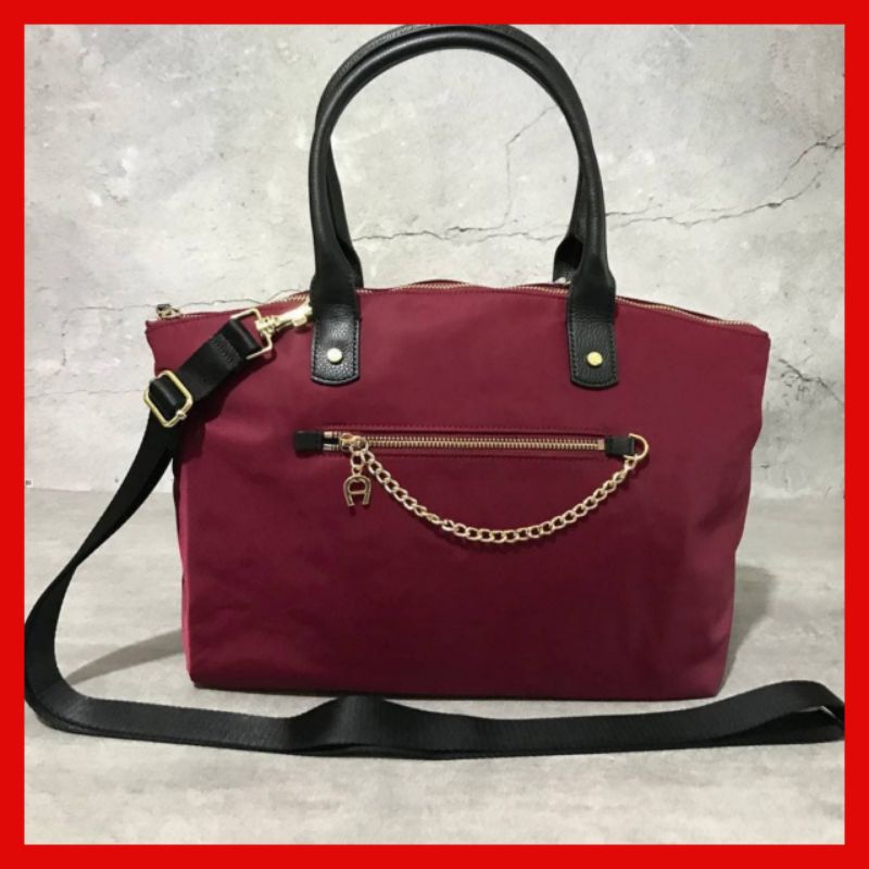 Jual Tas Wanita Aigner Nylon Tote Crossbody Bag Color Burgundy. Branded Original