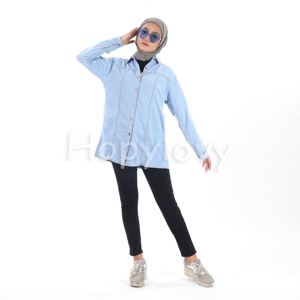 HOPYLOVY - Tunik Lengan Panjang Wanita Bahan Jeans Azkia