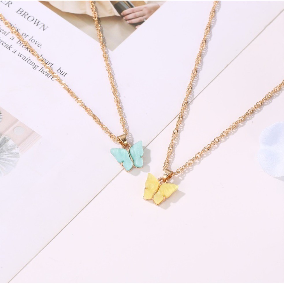 SET Kalung + Liontin + Anting KUPU-KUPU WARNA Korea Fashion Wanita Butterfly Rantai Titanium Alloy