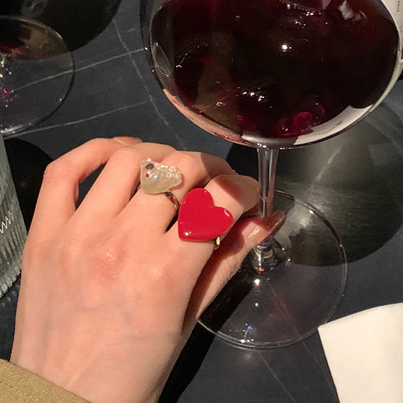 Cincin Jari Telunjuk Model Terbuka Desain Beruang Hati Merah Bahan Resin Transparan